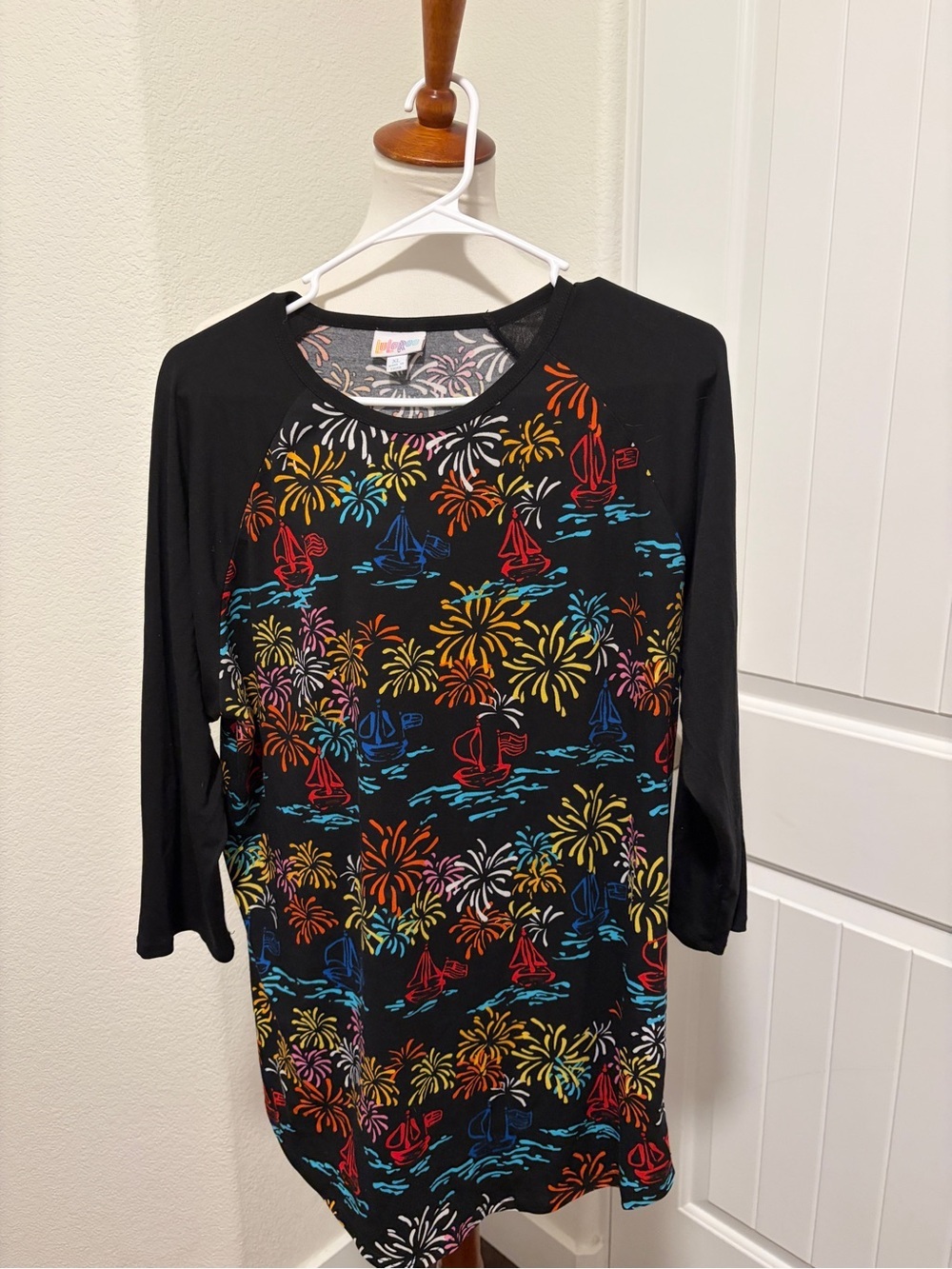 LuLaRoe Black Tunic with Pastel Logo & Firework Print